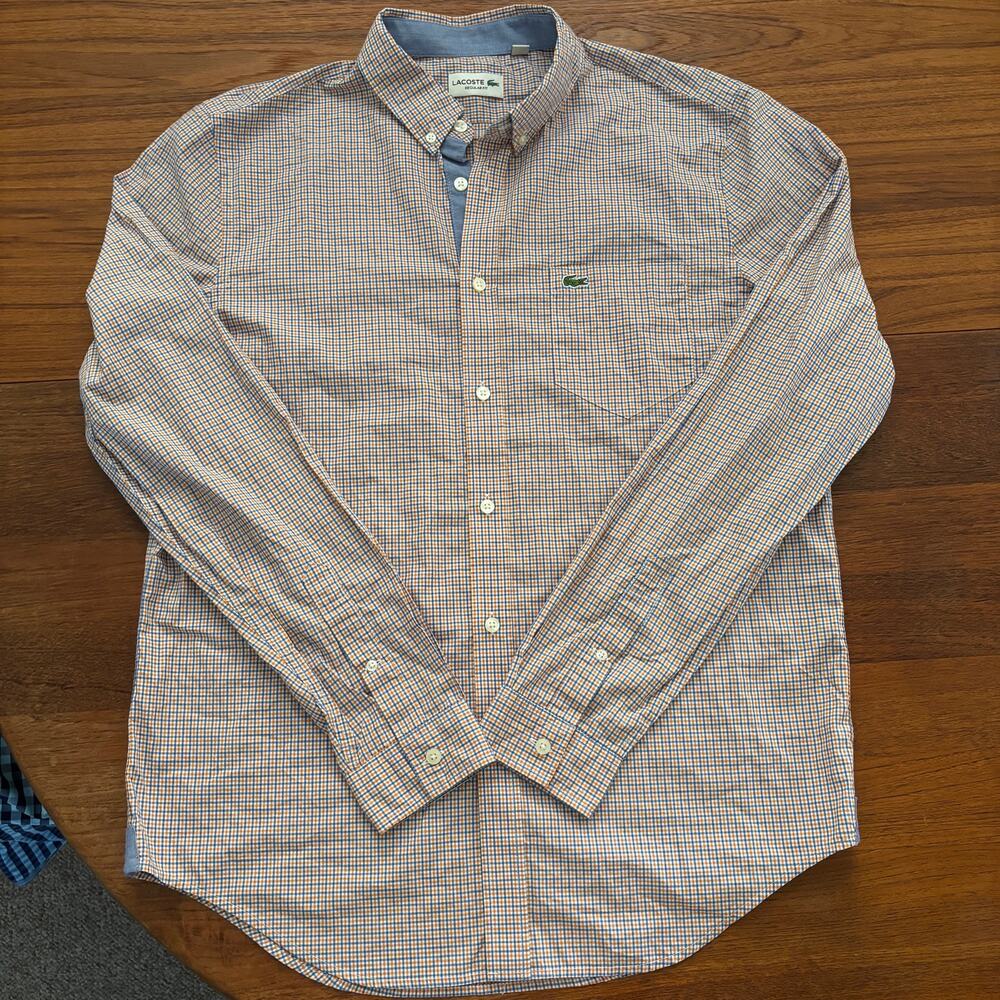 Lacoste Men's Orange Blue White Plaid long sleeve button down shirt M/L